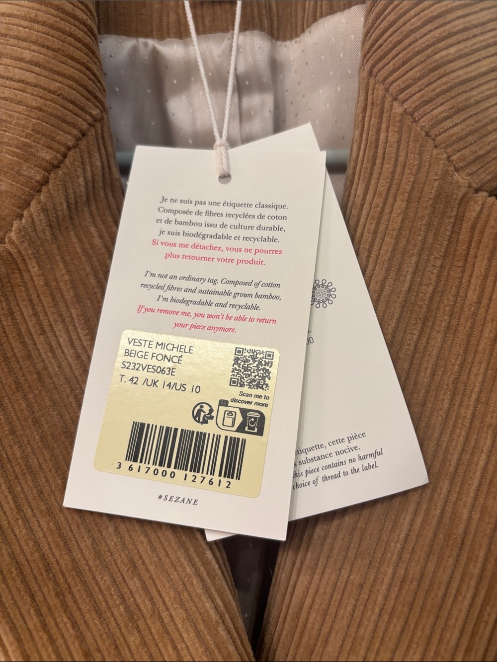 Women's Sézane Double-Breasted Corduroy Blazer Jacket in Camel - Picture 3 of 9